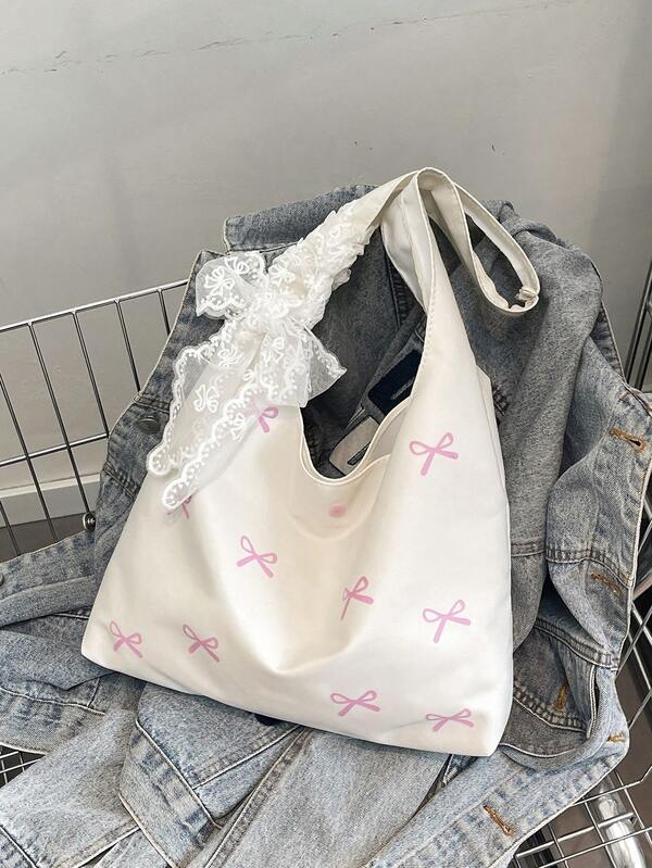 Túi tote vải canvas thêu hình bướm ngọt ngào và nghệ thuật mới về, phong cách Hàn Quốc giản dị đa năng, túi đeo vai màu trắng kem và xanh dương kèm khăn quàng cổ, thích hợp cho mùa xuân/hè.