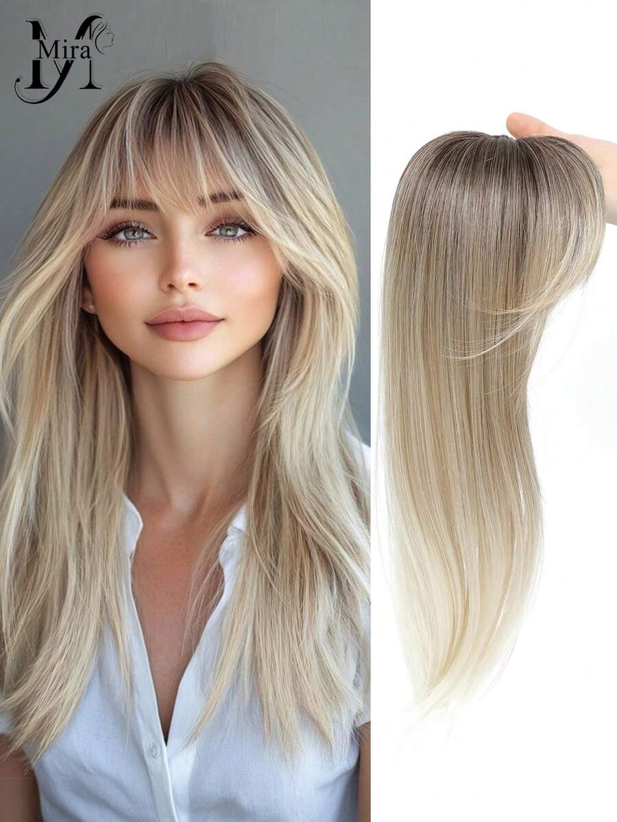 Extensión de cabello sintético con flequillo de 20 pulgadas, adecuado para personas con cabello fino, diseño de capas largas con color ombre dorado, adecuado para mujeres - Multicolor - Ver 1