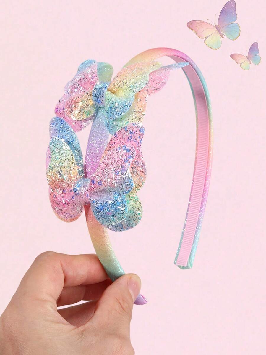 1个彩虹渐变色蝴蝶发箍，闪亮亮片发带，甜美可爱公主发饰 - 彩色 - 查看 1