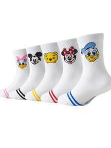 Disney 5 pares de calcetines de tripulación genuinos de la familia Mickey Mouse para niños, diseño de dibujos animados lindos, calcetines de estudiante cómodos, transpirables y de moda, ideales para uso diario, regreso a la escuela y regalos festivos - Multicolor - Ver 12