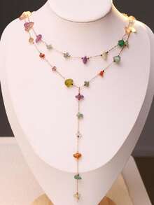 Bộ 2 dây chuyền đá tự nhiên nhiều màu sắc phong cách Bohemian, dây chuyền hai lớp hình chữ Y thời trang, phù hợp để đeo hàng ngày, đi biển và đi nghỉ mát (Kích thước và màu sắc đá tự nhiên được chọn ngẫu nhiên) - Đầy màu sắc - Xem 3