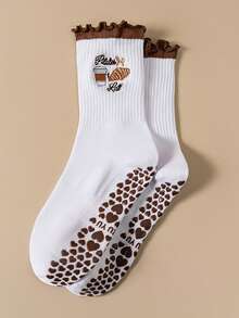 4双装女士防滑瑜伽舞蹈袜，可爱荷叶边刺绣中筒袜 - 白色 - 查看 5