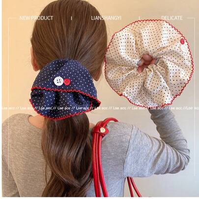 1 chiếc dây buộc tóc ren chấm bi trắng/xanh dương đường kính 20cm, kiểu Nhật Bản ngọt ngào và đa năng, phụ kiện tóc nữ tính, phù hợp cho sử dụng hàng ngày, đi nghỉ mát, chụp ảnh du lịch.