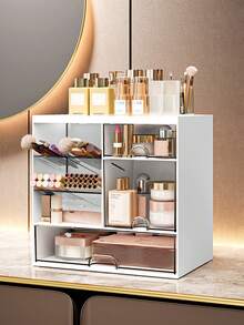 Caja de almacenamiento de cosméticos de sobremesa con cajones transparentes - Organizador de maquillaje de gran capacidad de plástico, estantería para exhibición de cosméticos a prueba de polvo y ahorro de espacio, sin necesidad de montaje, adecuado para baño, oficina y dormitorio. Caja de almacenamiento de escritorio para guardar perfumes, cremas y mascarillas faciales - Multicolor - Ver 2