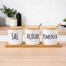 Set Of 3 Ceramic Jars With Lids And Bamboo Spoons + Bamboo Tray For Spices, Sugar, White Or Black Coffee - Blanco - No se permite escribir - Ver 8