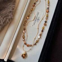 1pc Vintage Multi-Layer Tiger Eye Stone Pendant Necklace - Women's Elegant Necklace, Double-Layer Choker Necklace Set, Handmade Adjustable Neck Chain, Gold/Stainless Steel Chain, Boho Healing Crystal, Versatile Accessory For Daily And Party, Retro Style, Mother's Day Gift For Mom, Best Friend Gift - Multicolor - View 3