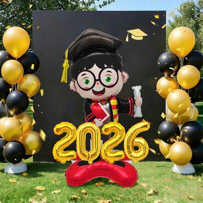 5pcs Graduation Standing Balloon Set, Includes Gold 2026 Balloon, Graduation Standing Balloon, Suitable For Graduation Decoration, Graduation Party, Celebration, School Events And Campus Decoration, Indoor Decoration, Class Of 2026 Graduation Party, Graduation Season Photo Props Balloon