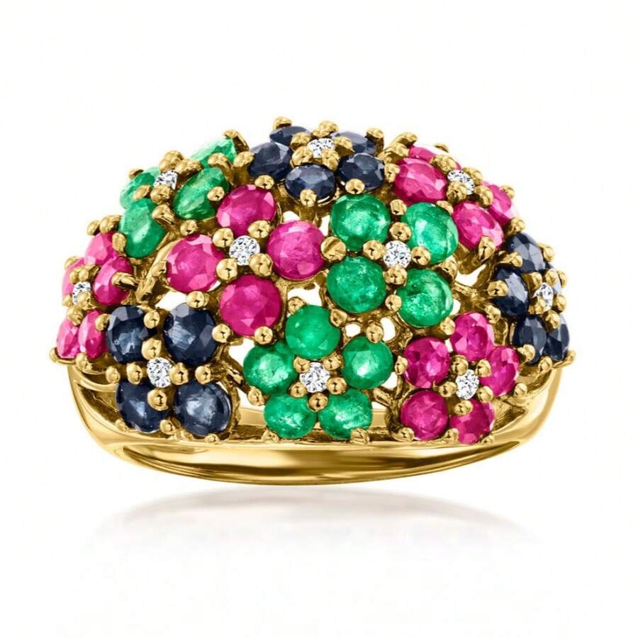 Women's Luxury Colorful Cubic Zirconia Shiny Geometric Round Wide Ring, Gold Finger Jewelry, Suitable As Wedding Gift - Gold - View 1