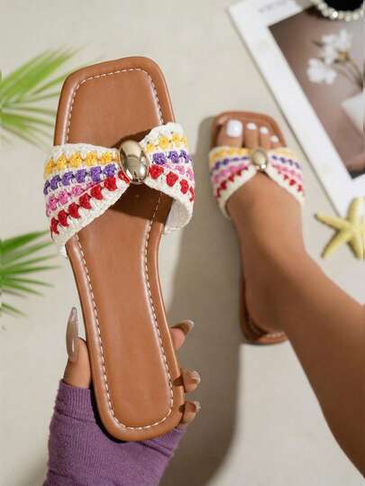 planare New Women's Fashionable Summer Minimalist Knitted Colorful Fabric Brown Flat Slide Sandals, Slip-On Square Toe, Suitable For Daily, Vacation And Casual Occasions