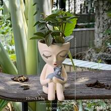 1pc White Sitting Girl Holding Cat Resin Vase, Creative Succulent Planter For Outdoor Garden Decor - Girl Holding a Cat and a Vase - View 4