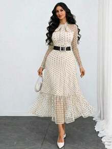 Women's Elegant, Sexy, Romantic, Retro Polka Dot Double-Layer Bow Dress, Suitable For Commuting, Dating And Vacation Black Spring - 杏 - 查看 5