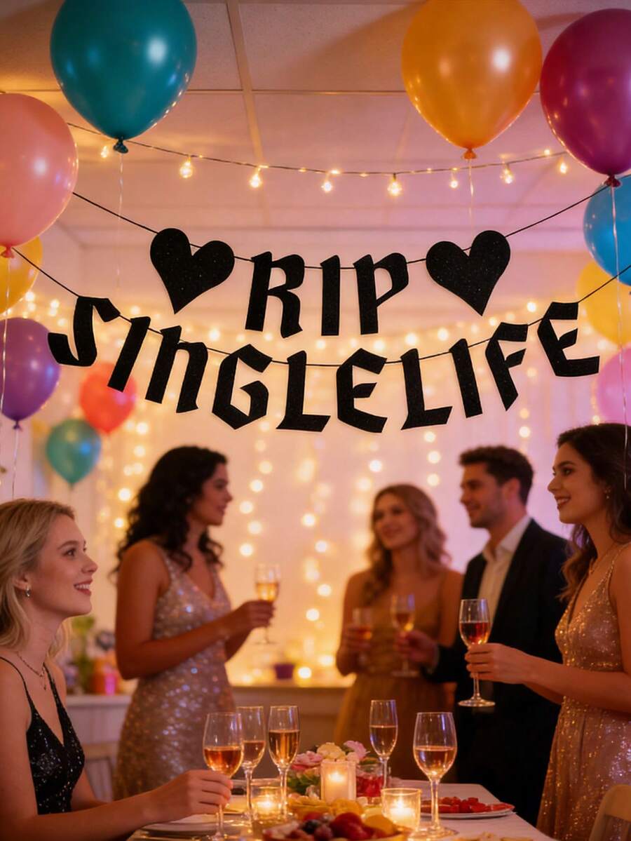 Single Life Celebration' Black Glitter Decorative Strips - Bachelorette Party, Engagement Party, Wedding Decoration (Gold) - A - View 1