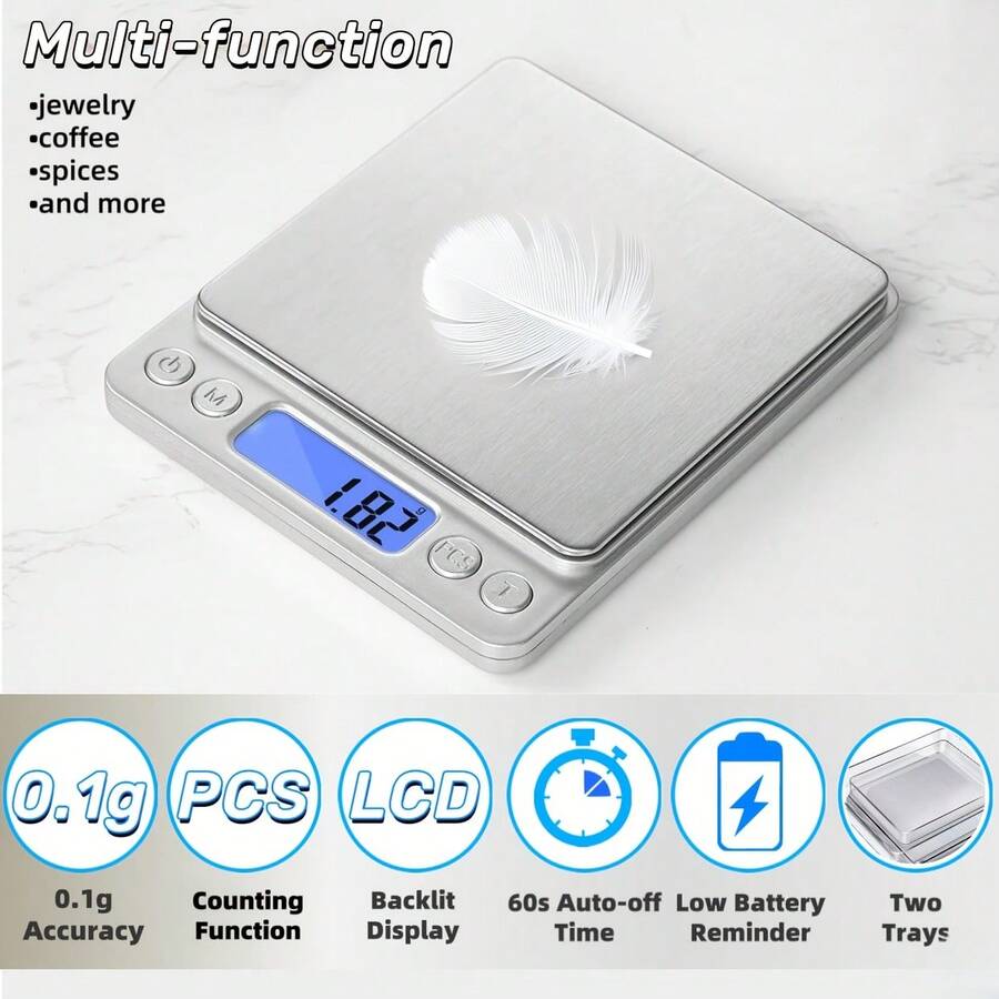 3000g/0,1g Bilancia da cucina digitale, bilancia di precisione in grammi, display LCD retroilluminato in acciaio inossidabile, bilancia tascabile per gioielli, funzionamento a batteria (batterie non incluse)