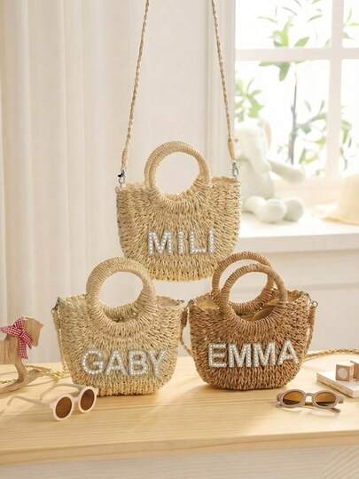 Bolsa de praia personalizada em palha trançada para meninas - Estilo boho 2 em 1, bolsa de ombro e sacola, presente para madrinhas, cesta para daminhas, ideal para viagens de férias de verão.