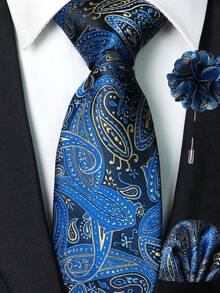 1/2/3/4/5 Stücke Set Herren Marineblau & Gelb Paisley Muster Krawatte, Einstecktuch, Silber Krawattennadel, Manschettenknöpfe und Anstecknadel, geeignet für Arbeitsplatz, Geschäft, Meetings, Hochzeiten, Abschlüsse und andere Anlässe. Tolles Geschenk für Herren Geburtstag, Thanksgiving, Weihnachten, Neujahr - Dunkelblau - Übersicht 14
