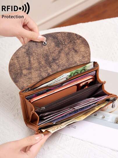 FOREVER MIYIN Cartera de mujer de cuero PU texturizado de dos tonos vintage - Cartera de embrague de gran capacidad con cierre de botón, soporte elegante para tarjetas y efectivo para uso diario/viajes, diseño de contraste elegante, gran capacidad para teléfono móvil, cambio, compartimento para efectivo, tarjeta de crédito, múltiples ranuras para tarjetas, cartera de embrague de moda para trabajadores de cuello blanco, para mujeres, trabajo, negocios, viajes, organizador de cartera con cremallera