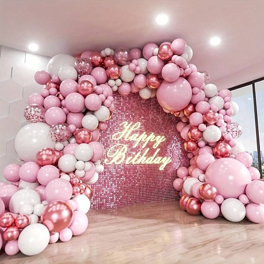 Bộ 127 bóng bay kim loại màu hồng và trắng phối latex đỏ, gồm 18, 12, 10,5 inch, nhiều kích cỡ khác nhau, thích hợp cho đám cưới, sinh nhật, tiệc mừng em bé, tiệc tiết lộ giới tính, tiệc cô dâu, Ngày của Mẹ, tiệc sinh nhật chủ đề công chúa.