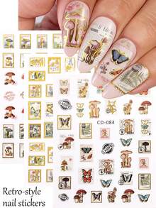 复古做旧镀金雕花相框美甲贴纸，可爱卡通蝴蝶和蘑菇美甲贴纸装饰，防水一次性美甲贴，玫瑰相框花朵美甲贴纸 - 彩色 - 查看 2