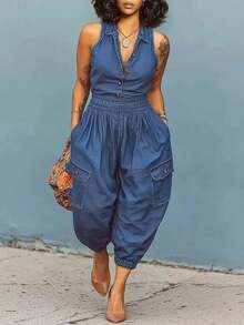 GLOURI Women's Blue Relaxed Sleeveless Jumpsuit - Collared Neck & Button-Front & Shirred Waist & Cargo Pocket & Cuffed Ankle Detail | Casual Chic Fit For Urban Weekend Outings, Casual Hangouts, Office Days For Effortlessly Stylish Looks - Màu xanh lam - Xem 1
