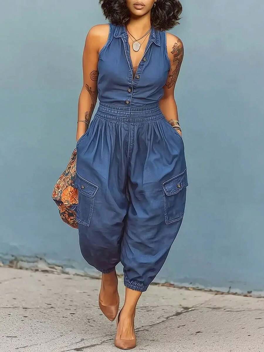GLOURI Women's Blue Relaxed Sleeveless Jumpsuit - Collared Neck & Button-Front & Shirred Waist & Cargo Pocket & Cuffed Ankle Detail | Casual Chic Fit For Urban Weekend Outings, Casual Hangouts, Office Days For Effortlessly Stylish Looks - Màu xanh lam - Xem 1