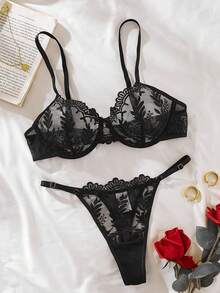 Bộ đồ lót nữ màu đen gợi cảm mùa xuân/hè mới, áo ngực thêu hoa xuyên thấu có gọng, bộ hai mảnh áo ngực và quần lót quyến rũ cho không gian phòng ngủ thân mật. - màu đen - Xem 8