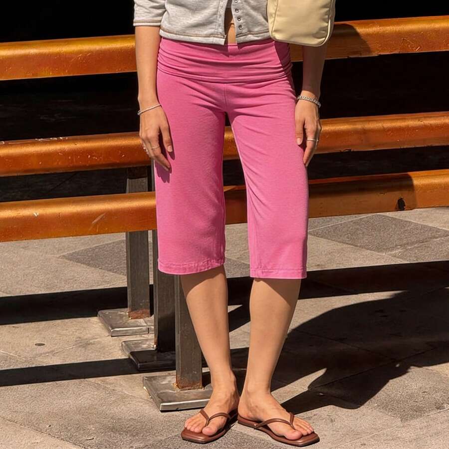 Women's Wide Leg Capri Pants, Low Waist Loose Fit Stretchy Cropped Trousers, Casual Y2K Streetwear Summer Daily Going Out Vacation Pants For Ladies - 粉色 - 查看 1