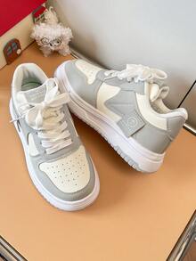 1 Pair All-Season Kids Grey & White Colorblock Skate Shoes, Boys & Girls Soft Sole Non-Slip Imitation Leather Upper White Sneakers, Versatile Casual Sports Shoes For School - Grey - View 1