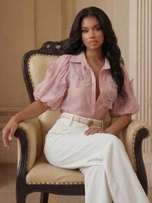 Playroots Blusa elegante de mujer con aplicaciones florales en rosa, romántica para el Día de San Valentín y vacaciones de verano - Rosa - Ver 3