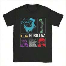 Rock Music Band Gorillazs T-Shirt For Men, 100% Cotton, Vintage Style, Crew Neck, Short Sleeve, Summer Top, Unisex, Washable, Comfortable And Suitable For All Seasons, Unique Pattern Shirt, Loose Fit, Casual Wear, Anime-Themed Shirts. - 黑色 - 查看 1