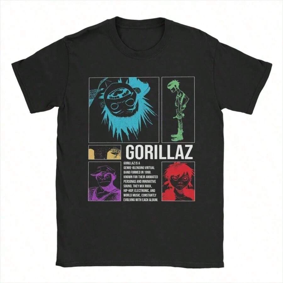 Rock Music Band Gorillazs T-Shirt For Men, 100% Cotton, Vintage Style, Crew Neck, Short Sleeve, Summer Top, Unisex, Washable, Comfortable And Suitable For All Seasons, Unique Pattern Shirt, Loose Fit, Casual Wear, Anime-Themed Shirts. - 黑色 - 查看 1