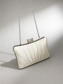 Pleated Satin Evening Clutch Ivory Rhinestone Clasp Formal Wedding Handbag With Decorative Handle - Apricot - View 3