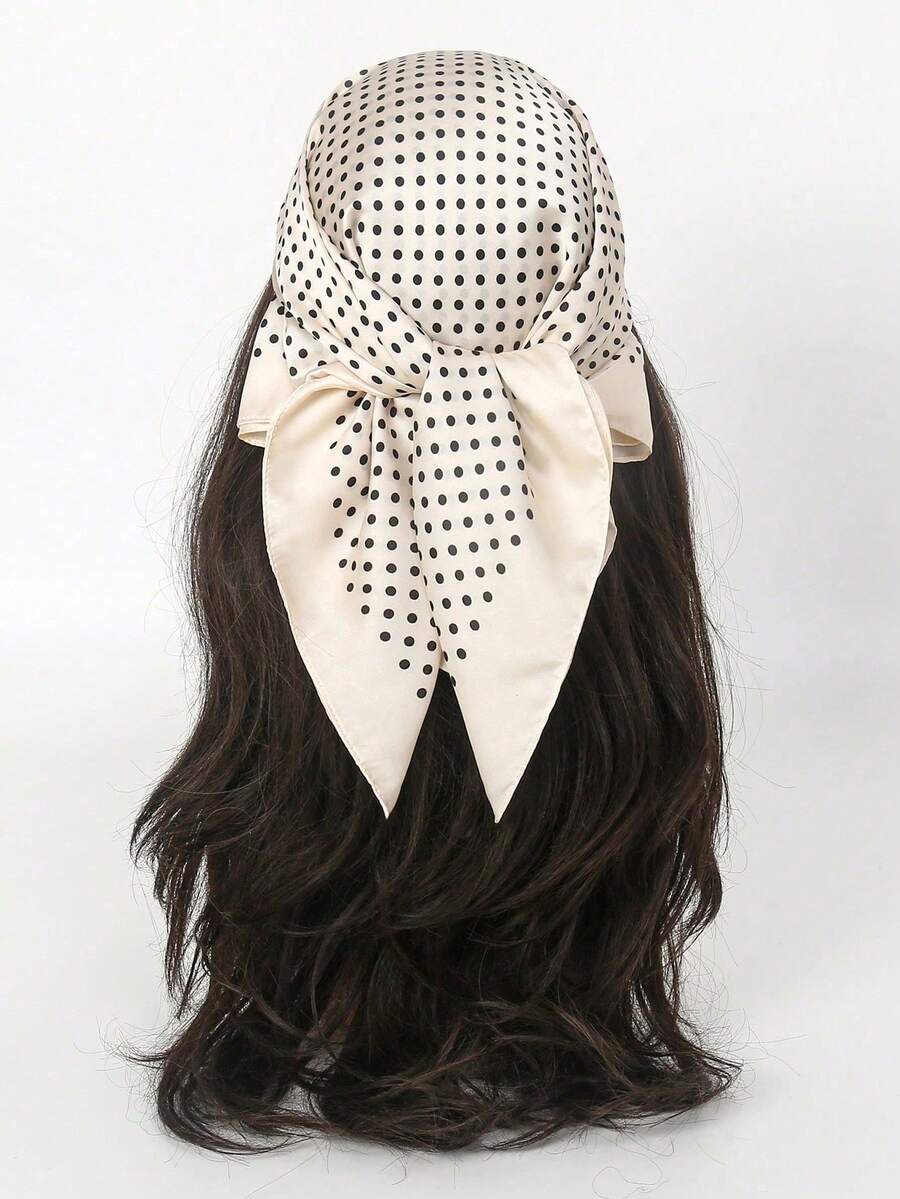 1条70*70厘米方形真丝围巾，女士缎面印花头巾，颈巾，发带，时尚女士披肩，围巾 - 白色小波點 - 查看 1