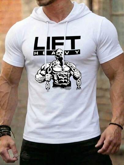 Áo thun ngắn tay có mũ in hình hoạt hình cơ bắp dành cho nam, thích hợp cho tập thể hình, chạy bộ và phong cách đường phố mùa hè. Màu trắng.