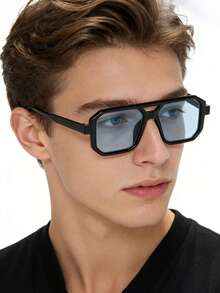 1 gọng kính nam vuông kiểu phi công cổ điển với cầu kính đôi, thiết kế tối giản, thanh lịch, giản dị, retro, đa năng, phù hợp đeo hàng ngày, phong cách đường phố, du lịch, nghỉ dưỡng, kèm hộp đựng kính. - Nhiều màu - Xem 3