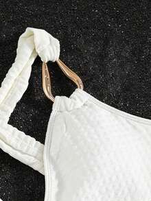 Women's Plaid Texture White Drawstring Sexy V-Neck One-Piece Swimsuit, Criss-Cross Back Design, Suitable For Spring/Summer Casual Beach Vacation, Swimming Pool Party Fashionable Swimwear - White - View 5