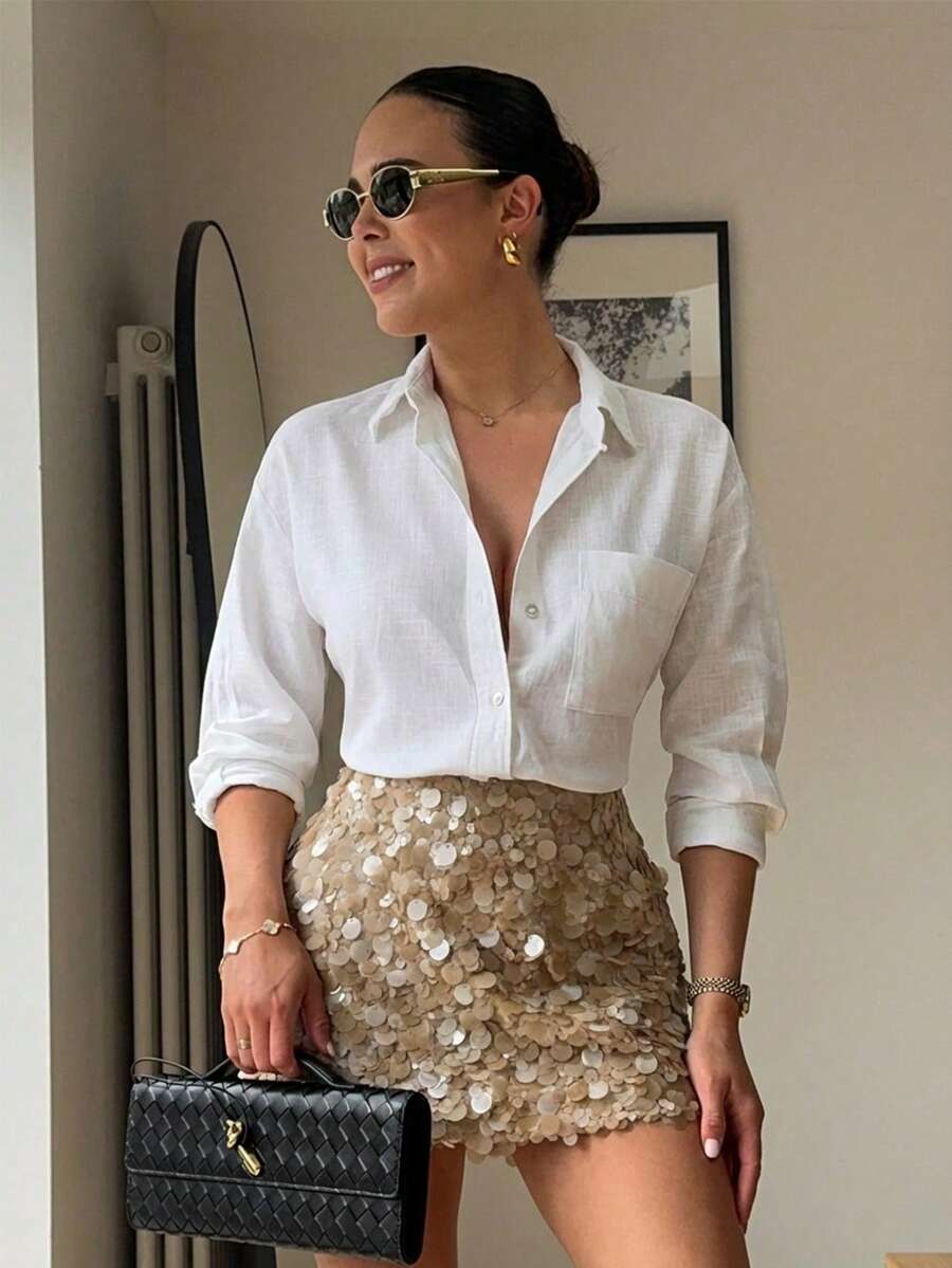 Women's Elegant Champagne Color Sequin Mini Skirt, Sexy Fashion Party Dress - Apricot - View 1