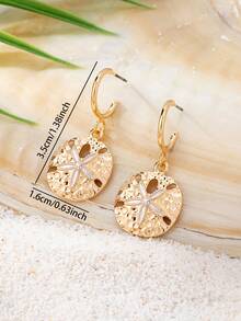 1 Pair Gold Plated Starfish Beach Earring For Women - Sand Dollar Dangle Earrings - Summer Vacation Ocean Jewelry - Golden Starfish Earrings - View 3