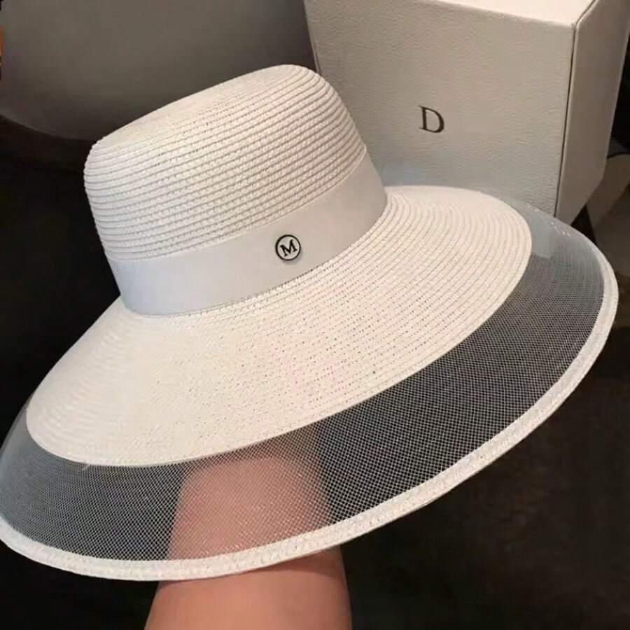 1pc Versatile Wide Brim White Straw Hat, Women's Summer Sun Protection Beach Vacation Sun Hat - Multicolor - View 1