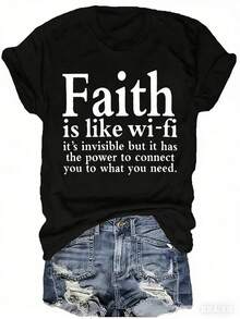 Women Christian Faith Letter Print T-Shirt, Faith Is Like Wi-Fi Graphic Round Neck Short Sleeve 100% Cotton Summer Top, Plus Size All Season - 黑色 - 查看 1