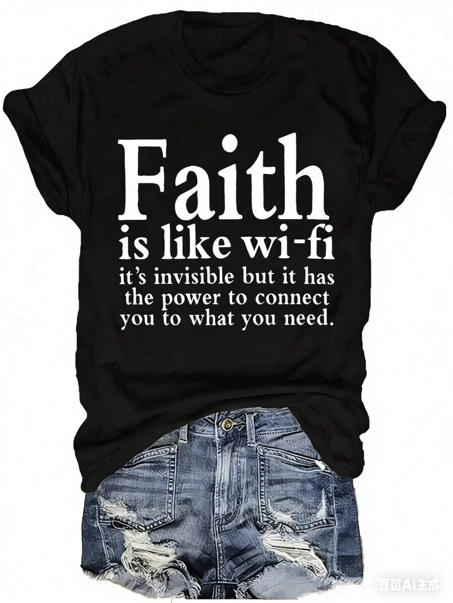 Women Christian Faith Letter Print T-Shirt, Faith Is Like Wi-Fi Graphic Round Neck Short Sleeve 100% Cotton Summer Top, Plus Size All Season - 黑色 - 查看 1