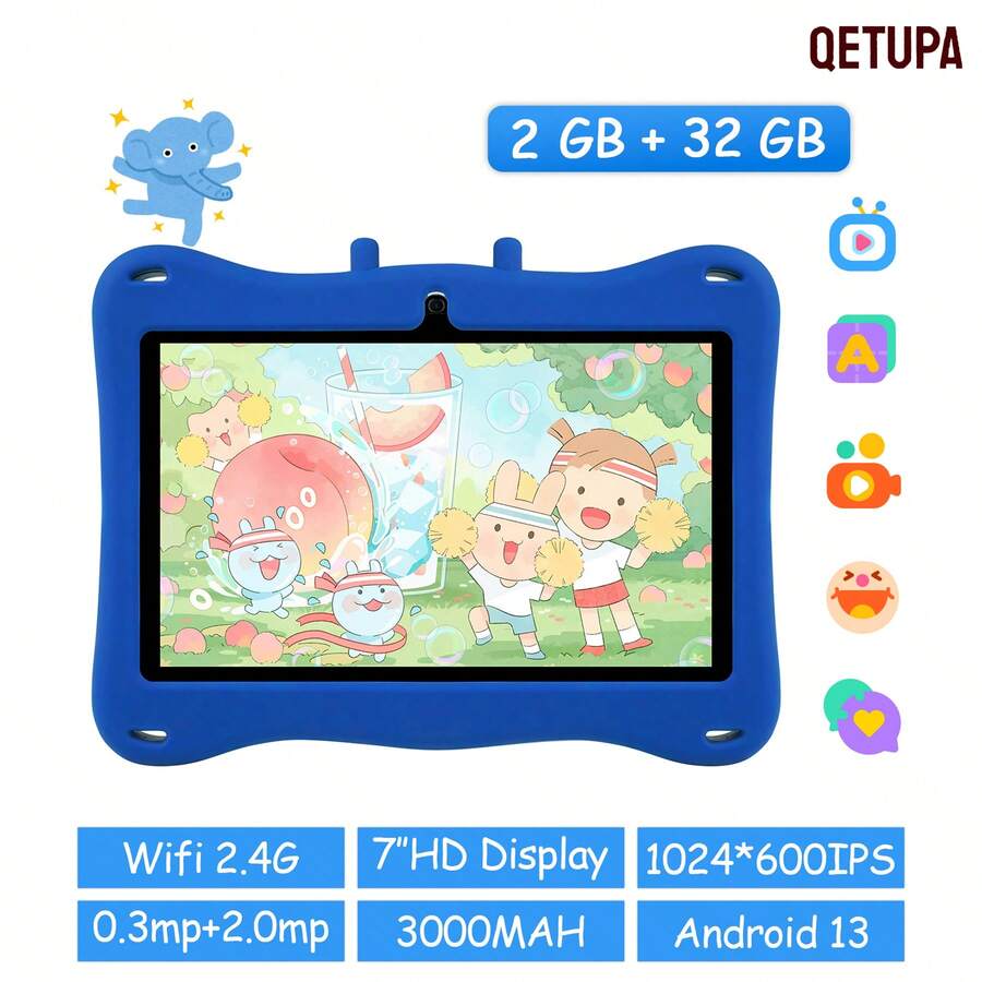 Qetupa 7英寸大象图案安卓13儿童平板电脑,A133四核1.6GHz处理器,2GB RAM+32GB ROM,1024*600 IPS触控屏,3000mAh电池,0.3MP+2.0MP双摄像头,2.4G 802.11b WiFi,配备防摔保护套,适合作为儿童圣诞礼物 - 藍色 - 查看 1
