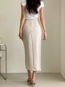 ARA CHIC Women's Apricot Pleated Waist Slit Fitted Mid-Length Dress, Suitable For Work, Dates And Vacation, New Spring/Summer Collection - Beige - View 3