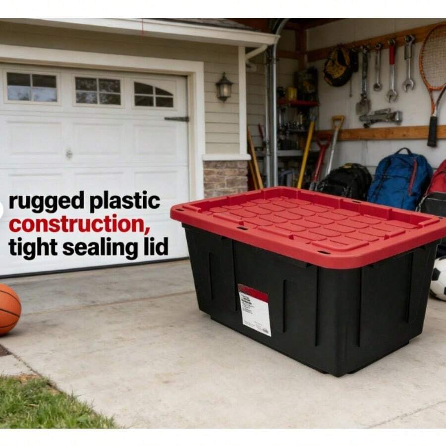 Large 27 Gallon Heavy Duty Storage Bin With Snap Lock Lid, Black & Red, Durable USA Style Organizer - Single - View 1