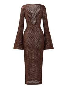 Amore Women's Summer Hollow Crochet Long Sleeve Brown Dress, Features U-Neck And Circular Cutout Design On Chest, Open Back With Side Slit, Suitable For Beach Vacation, Pool, Island Travel, Summer Outing, Date, Birthday Party, Bikini Style, Elegant Party Dress - Coffee Brown - View 10