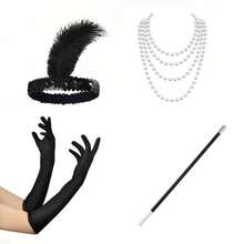 1920s Retro Feather Headpiece Set, Elegant High-End Party Headband, Earrings 4-Piece Set - Black - View 1