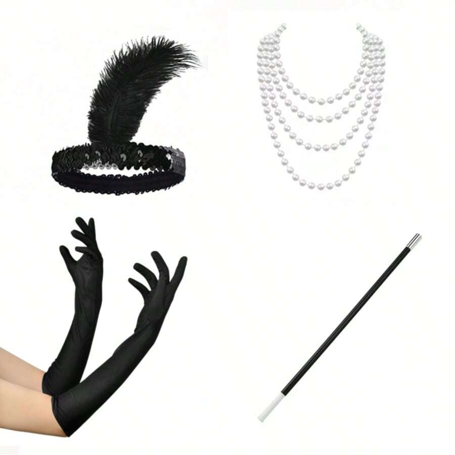 1920s Retro Feather Headpiece Set, Elegant High-End Party Headband, Earrings 4-Piece Set - Black - View 1