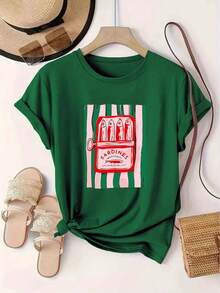 100% Cotton Sardine Pattern Printed European And American Fashion Round Neck Short Sleeve T-Shirt Women's Sports Pullover Breathable Cotton Tee, All Match - 綠色 - 查看 6