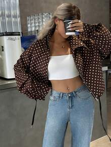 Chaqueta bomber de mujer casual y elegante con lunares azules para vacaciones, chaqueta exterior corta y con estilo, moda callejera Y2K, adecuada para vacaciones y deportes - Marrón - Ver 2