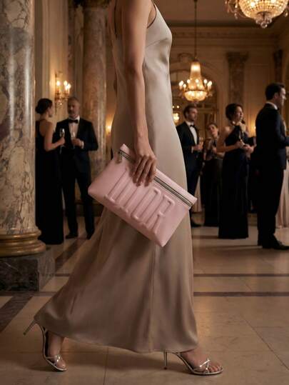 Dior 1PC A Medium-Sized Pale Peach Pink Leather Makeup Bag With A Zip Closure - Featuring A Sophisticated Minimalist Design, Embossed With Brand Logo Details, Rectangular Shape, Suitable For Both Travel And Daily Use As A Multi-Functional Makeup Bag.