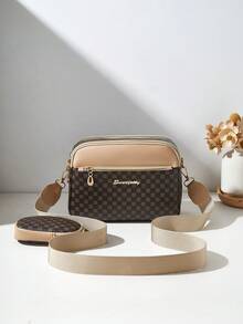 2pcs/Set Fashionable New Printed Multilayer Crossbody Bag & Shoulder Bag With Charm, Women Handbag Set - Khaki - View 2